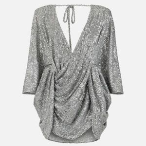 Mable V-Neck Sequin Backless Bat Wing Ruched Mini Dress Cocktail Size Small S